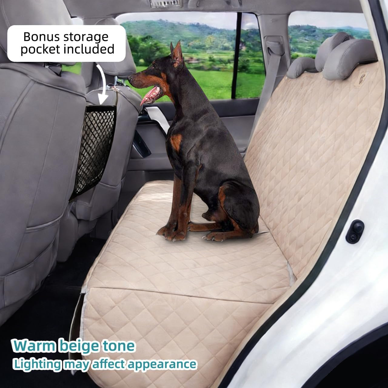 Waterproof Dog Car Seat Cover with Mesh Organizer (Beige)
