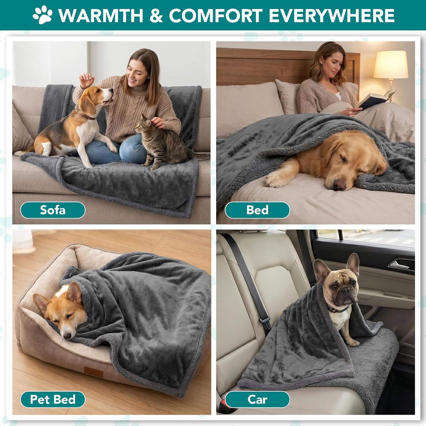 XL Washable and Reversible Sherpa Pet Blanket for Dogs & Cats