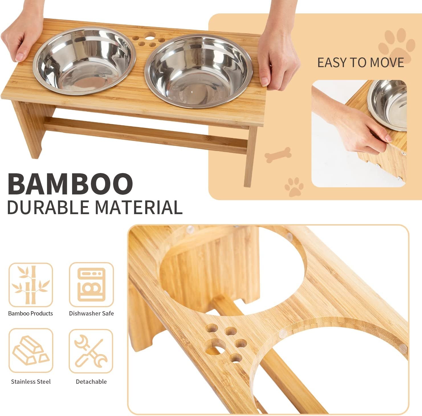 Bamboo Elevated Pet Bowl Stand with Stainless Steel Bowls (4'' Tall-20 Oz Bowl)