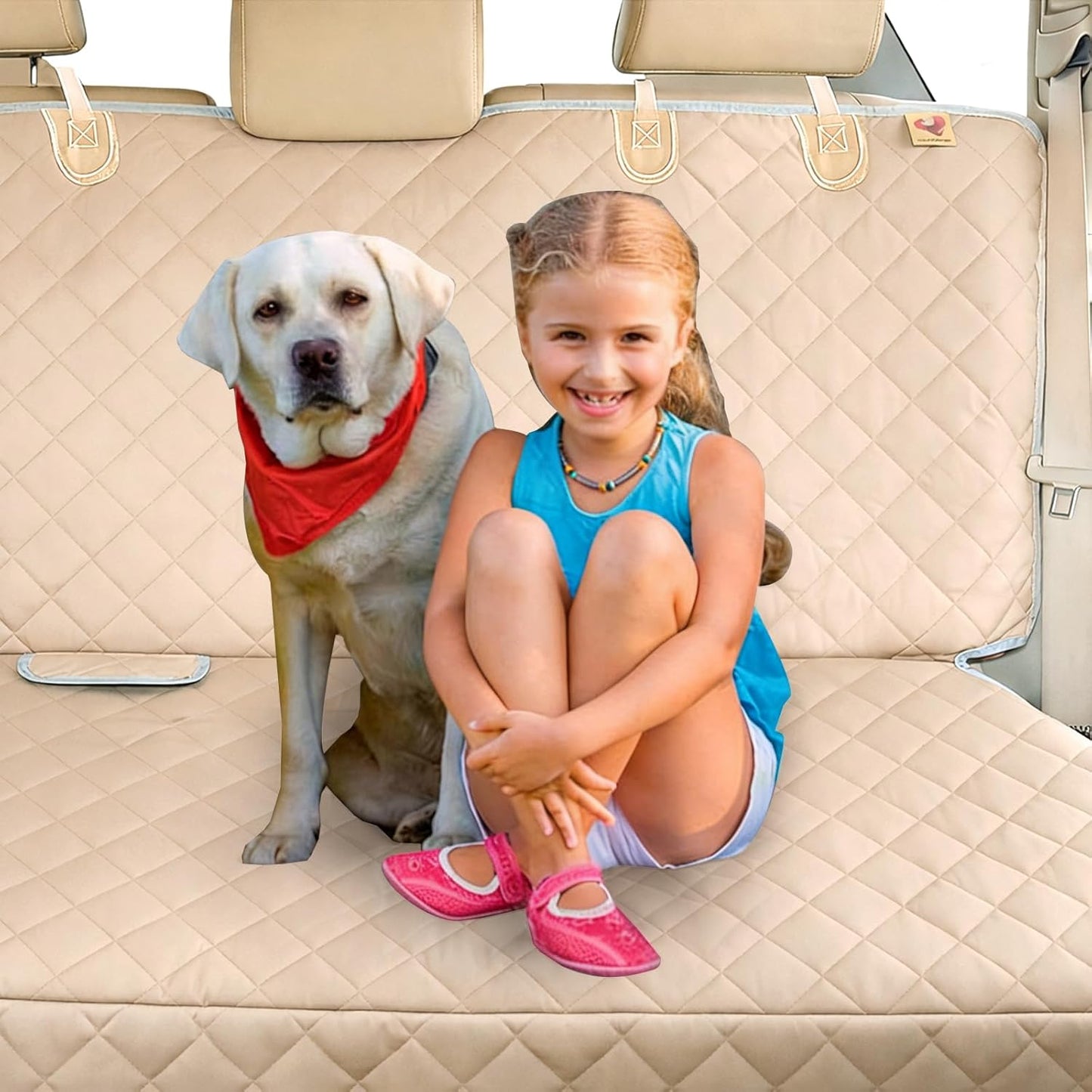 Waterproof Dog Car Seat Cover with Mesh Organizer (Beige)