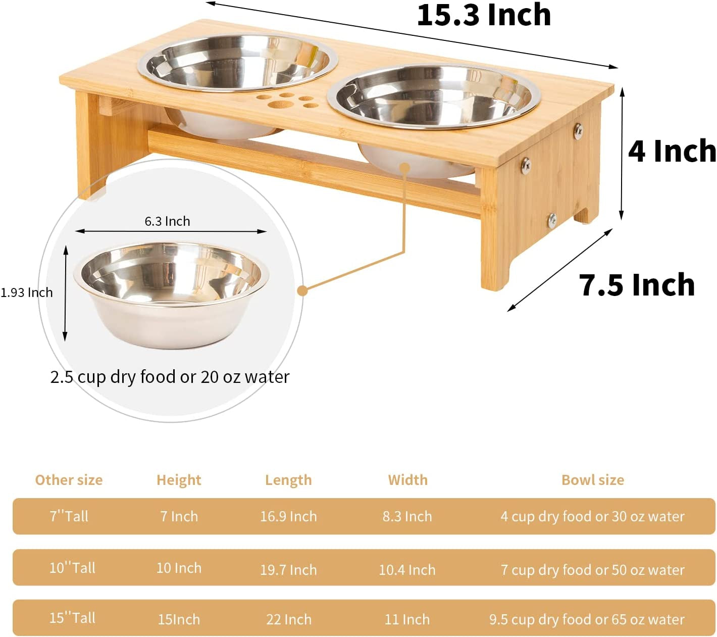 Bamboo Elevated Pet Bowl Stand with Stainless Steel Bowls (4'' Tall-20 Oz Bowl)