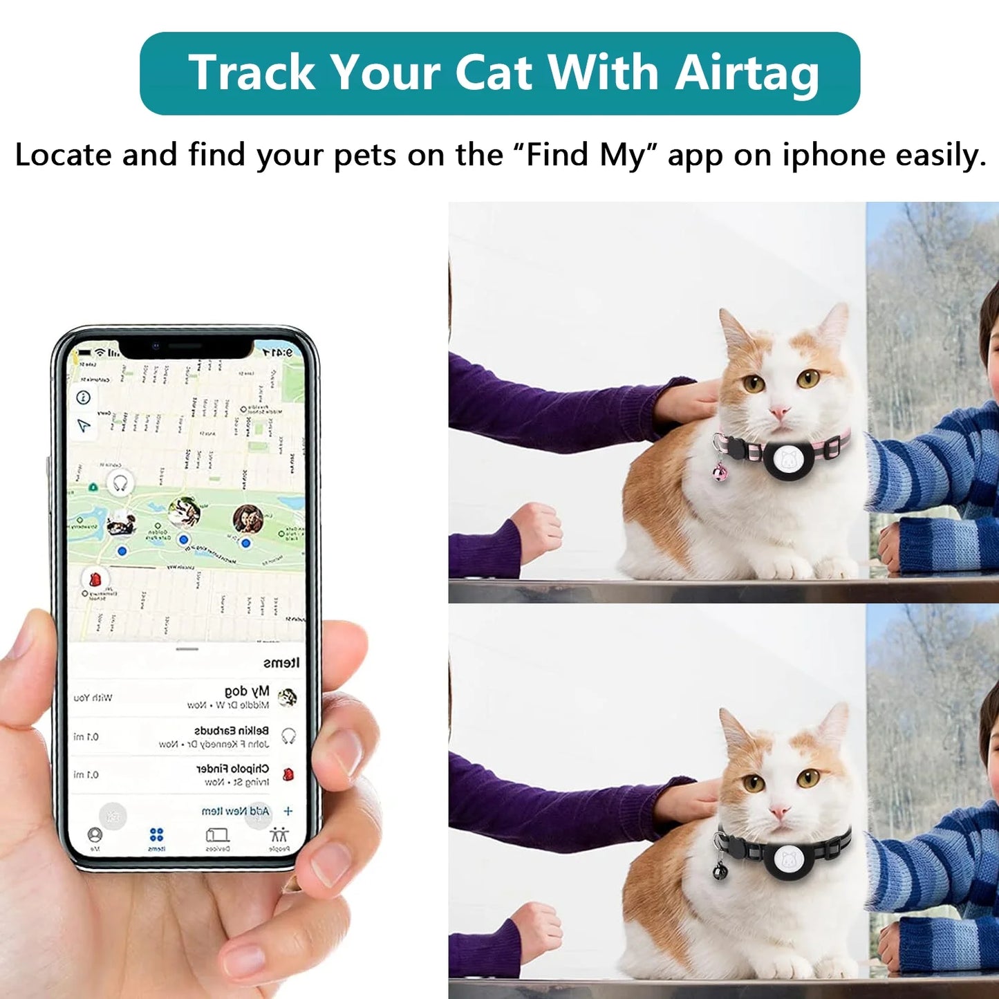 2-Pack AirTag Cat & Dog Collar with Reflective Strap & Bell