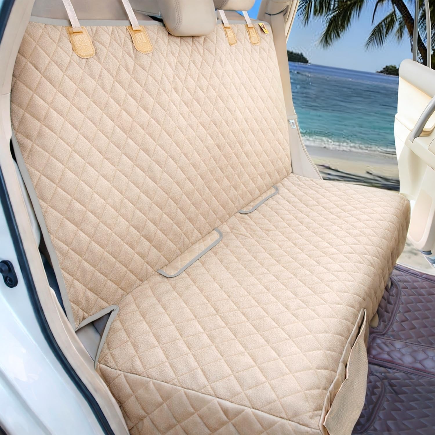 Waterproof Dog Car Seat Cover with Mesh Organizer (Beige)
