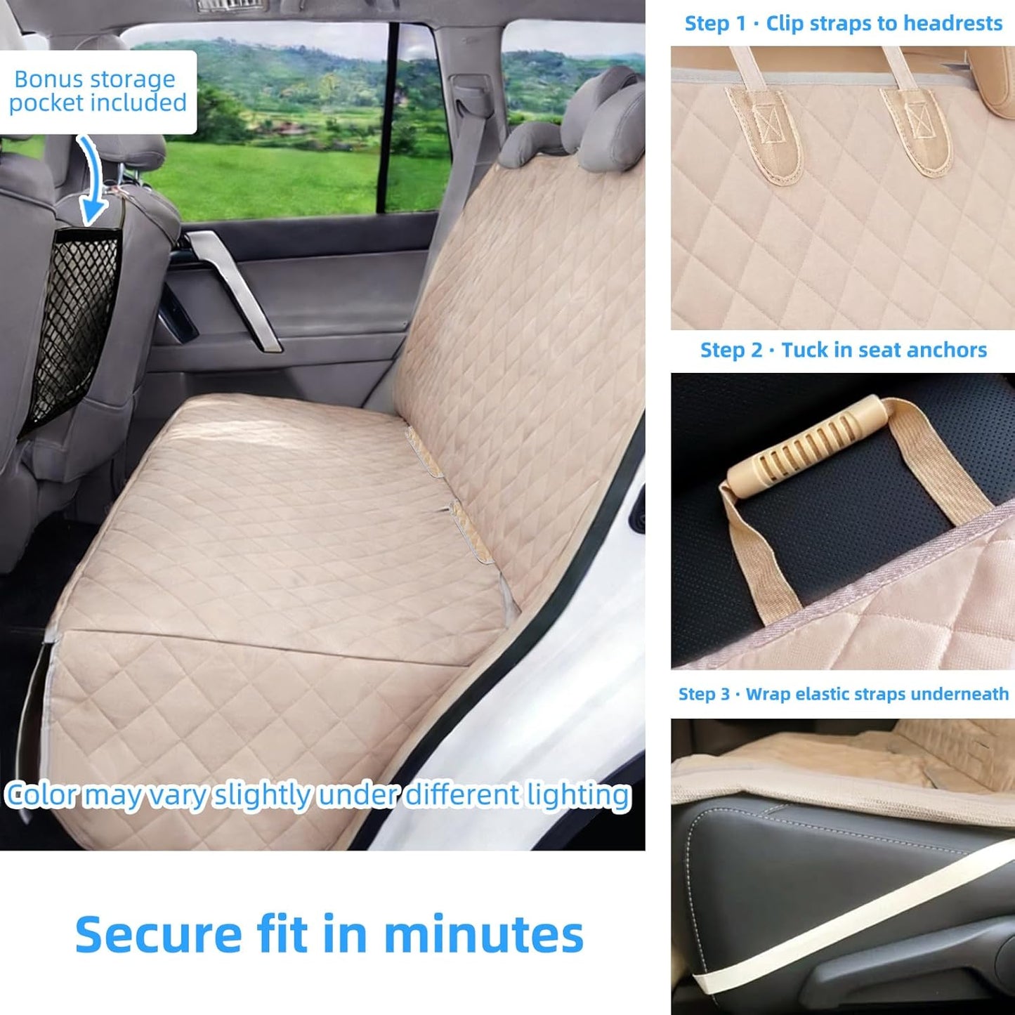 Waterproof Dog Car Seat Cover with Mesh Organizer (Beige)