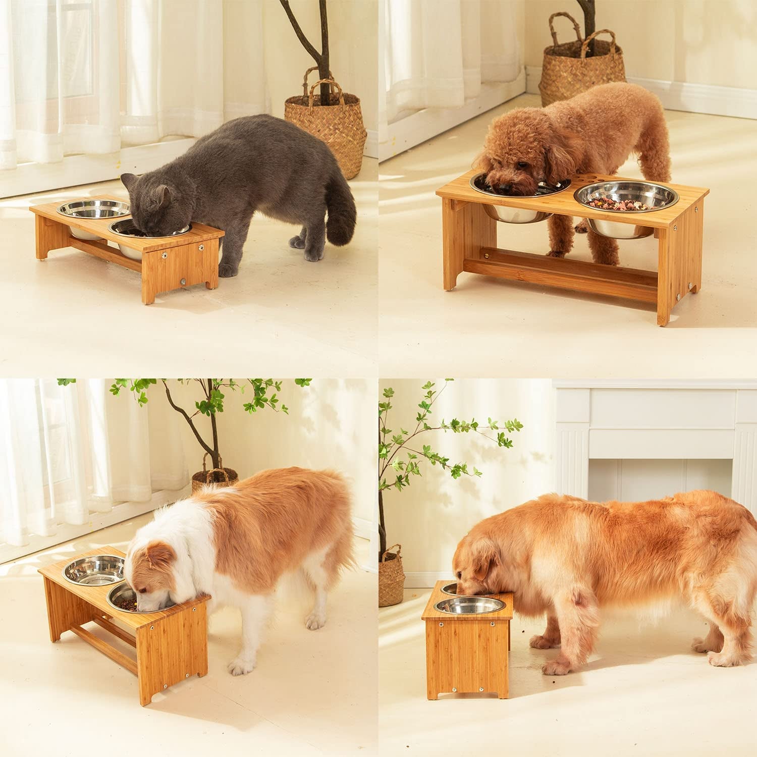 Bamboo Elevated Pet Bowl Stand with Stainless Steel Bowls (4'' Tall-20 Oz Bowl)