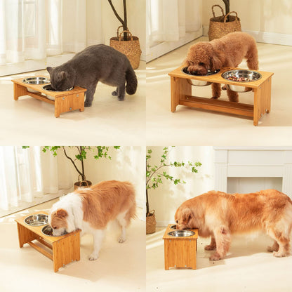 Bamboo Elevated Pet Bowl Stand with Stainless Steel Bowls (4'' Tall-20 Oz Bowl)