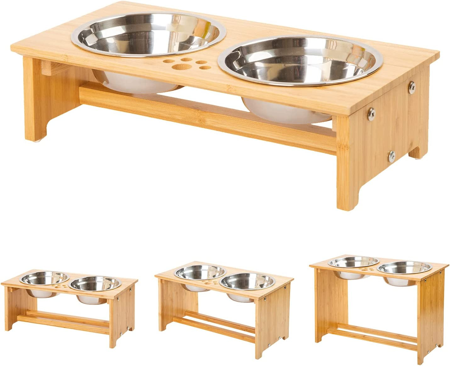 Bamboo Elevated Pet Bowl Stand with Stainless Steel Bowls (4'' Tall-20 Oz Bowl)